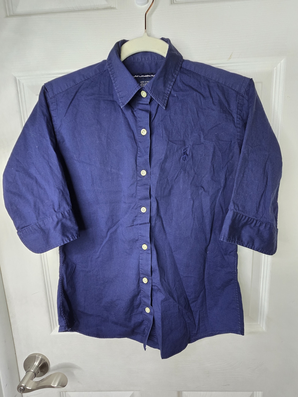 Ralph Lauren Sport Navy Blue 3/4 Sleeve Button Down Shirt Sz 6 Embroidered Logo